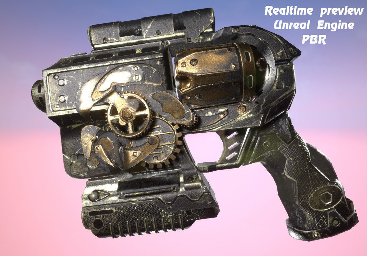 Steampunk gun revolver animated realtime UE4 Unity rigged PBR Low-poly 3D model_9