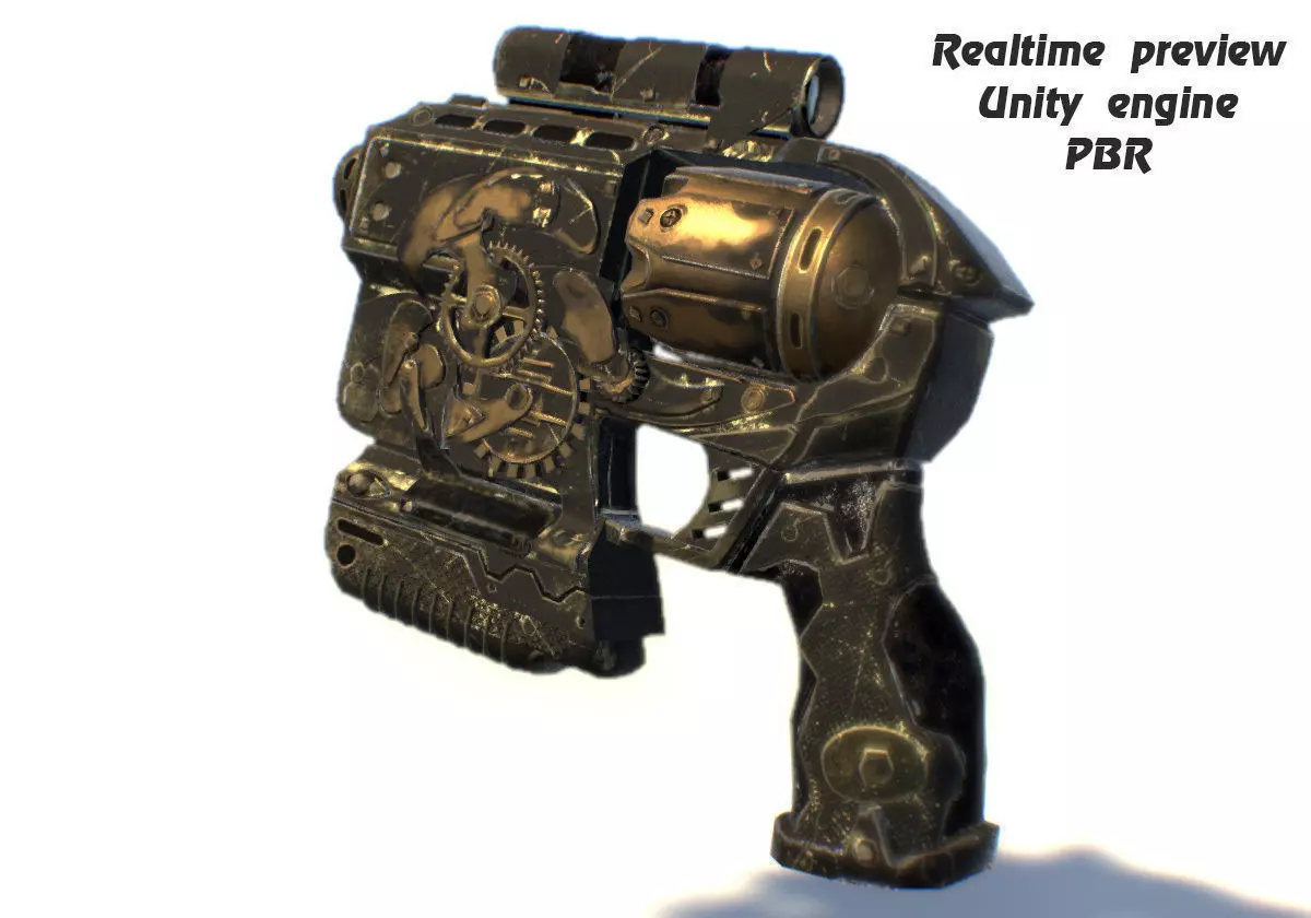Steampunk gun revolver animated realtime UE4 Unity rigged PBR Low-poly 3D model_0
