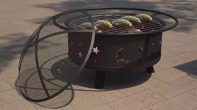 Fresh Yellow Perch on Outdoor BBQ Grill with Coals 3D model 3