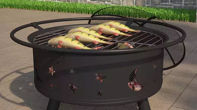 Fresh Yellow Perch on Outdoor BBQ Grill with Coals 3D model 4