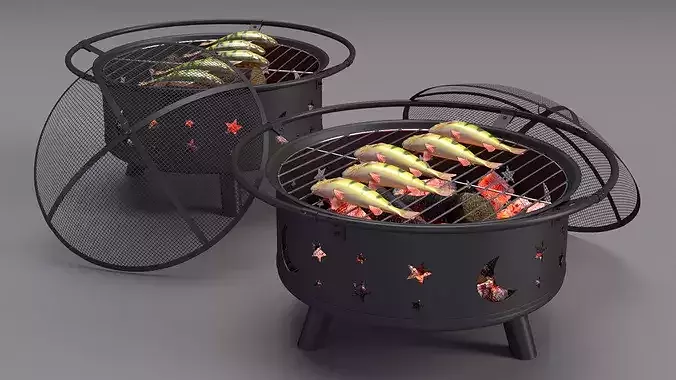 Fresh Yellow Perch on Outdoor BBQ Grill with Coals 3D model 5