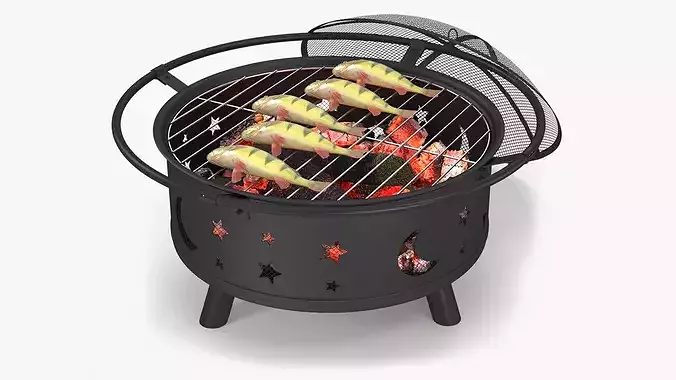 Fresh Yellow Perch on Outdoor BBQ Grill with Coals 3D model