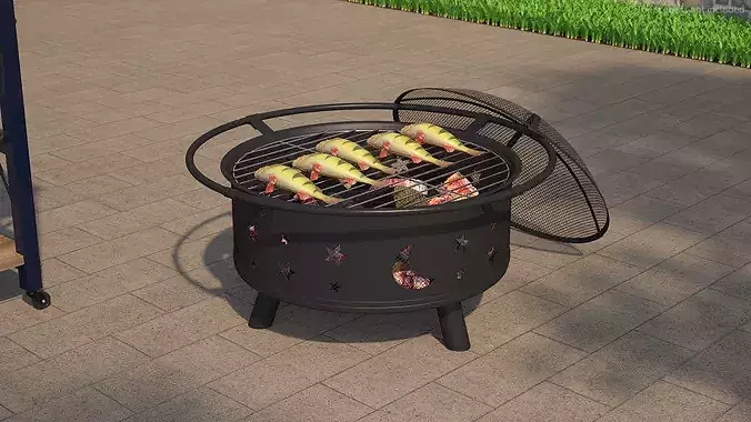 Fresh Yellow Perch on Outdoor BBQ Grill with Coals 3D model 2
