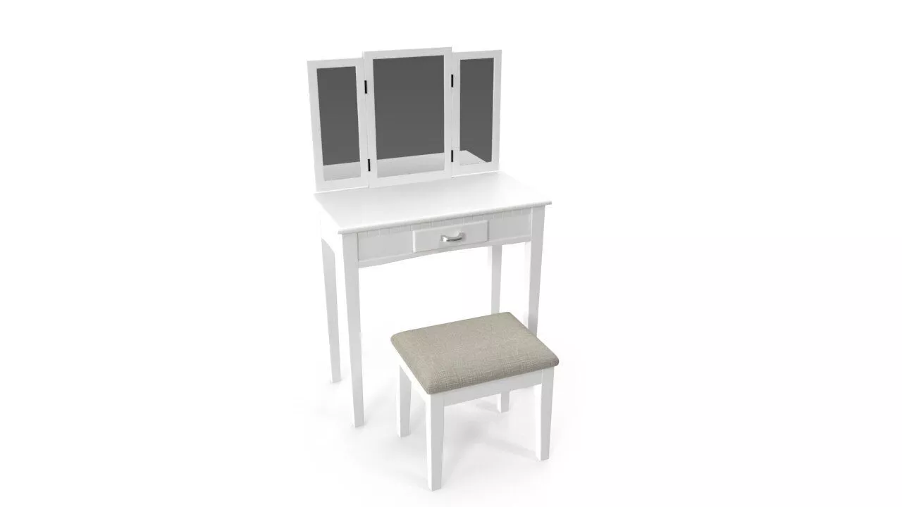 Classic White Wooden Vanity Table and Stool Set 3D model