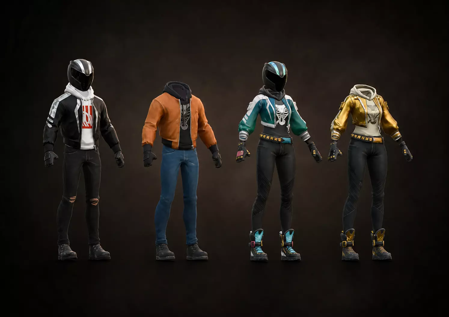 4 Stylized Biker Motorcycle Outfits Pack Male Female Rider Gear Low-poly 3D model