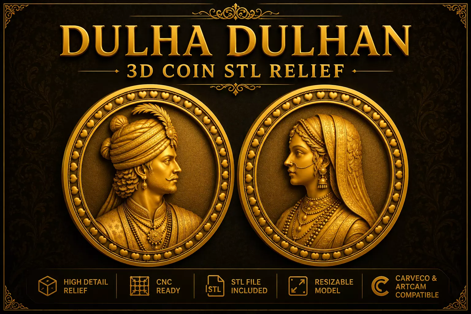 Royal Dulha Dulhan Coin Relief STL 3D print model