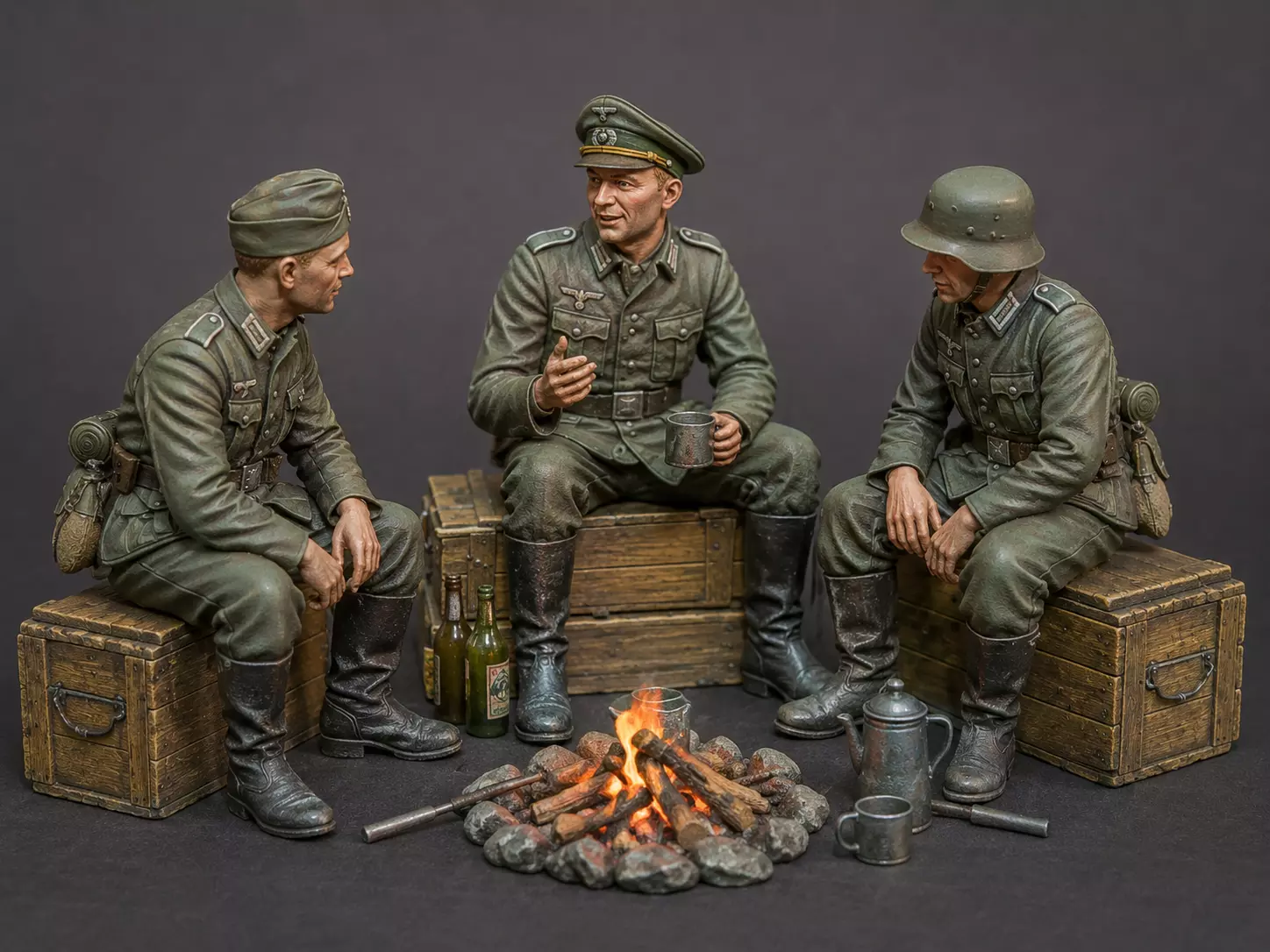 WW2 Soldiers Campfire Scene STL Troops Diorama with Drinks 3D print model