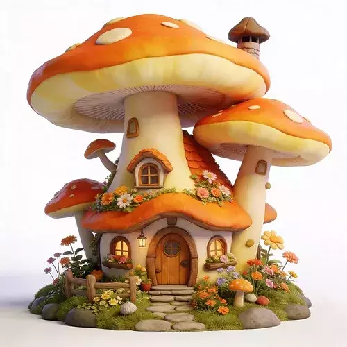 Stylized 3D Cozy Village Mushroom Cottage Model