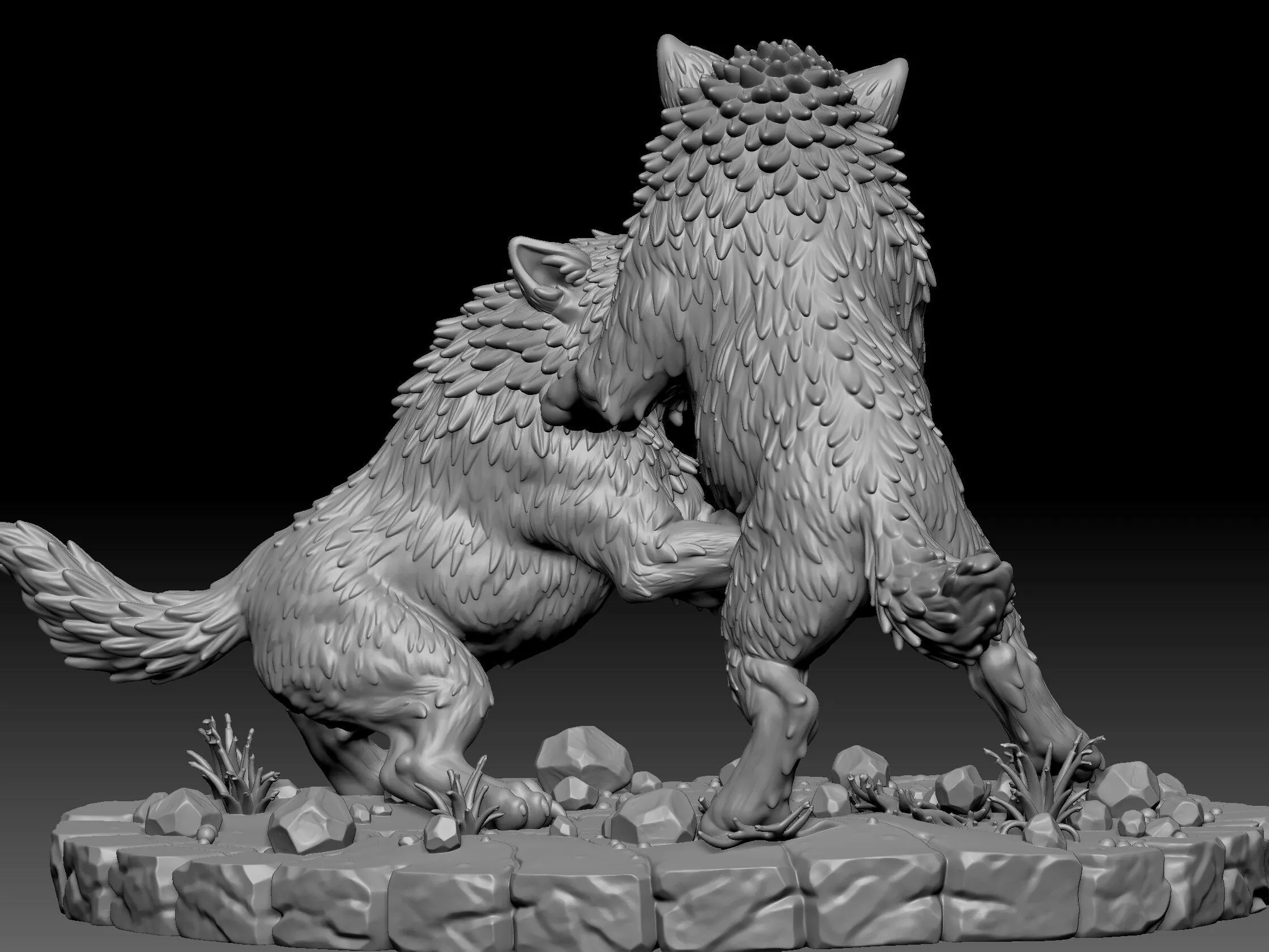 aggressive wolves locked in combat on a rocky base 3D print model