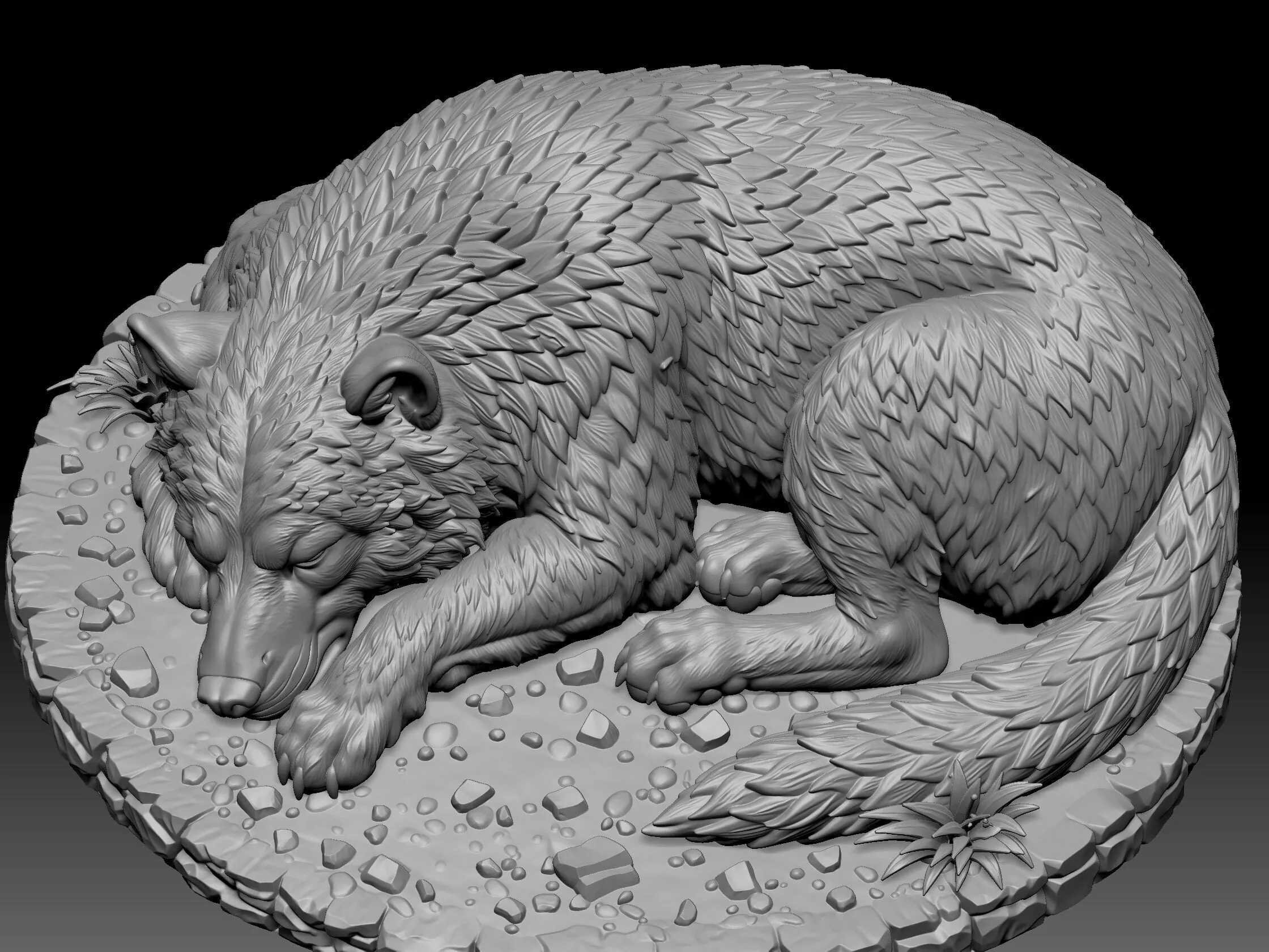 wolf in a sleeping pose on a rocky base 3D print model