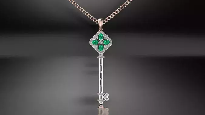 oval emerald and baguette diamond key jewelry pendant