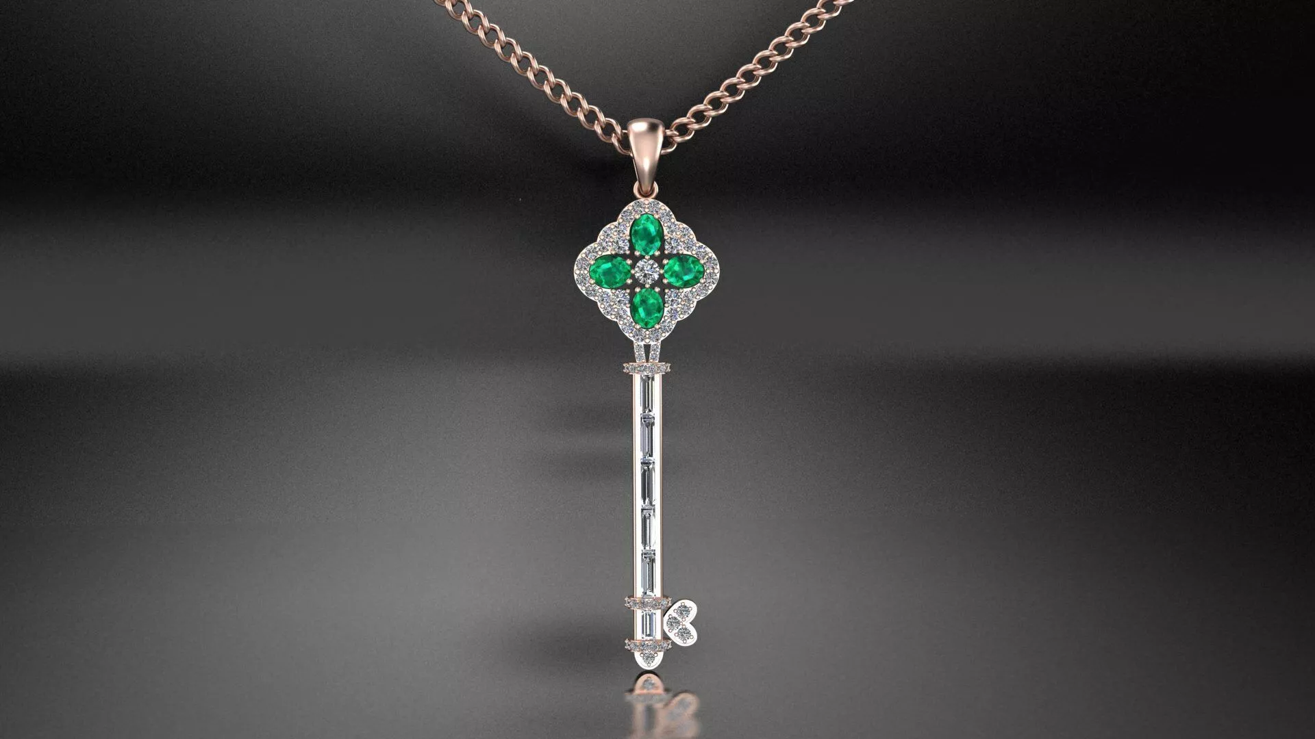 oval emerald and baguette diamond key jewelry pendant 3D print model