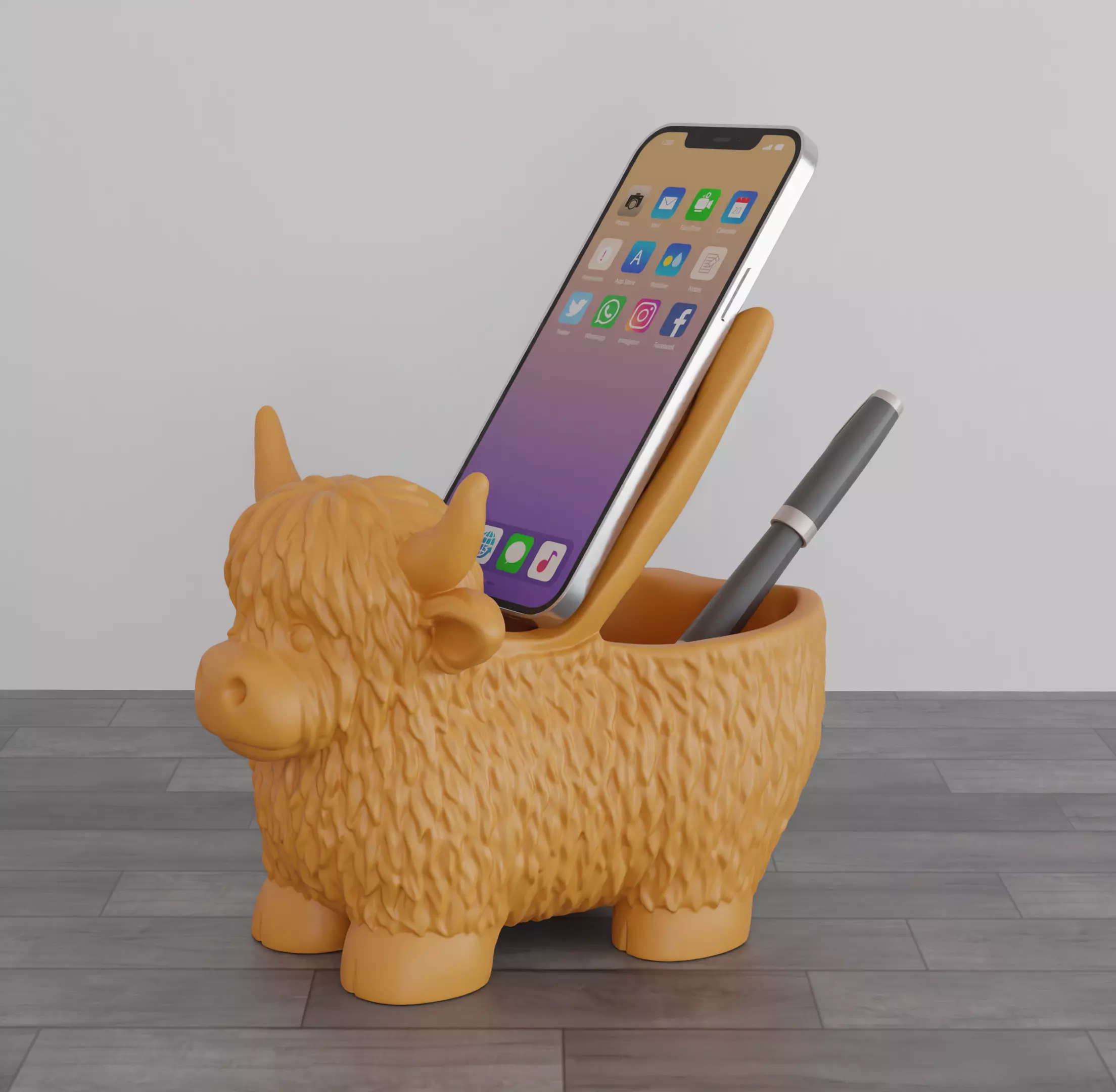 Highland Cow Phone Holder Pen Organizer STL 3D print model