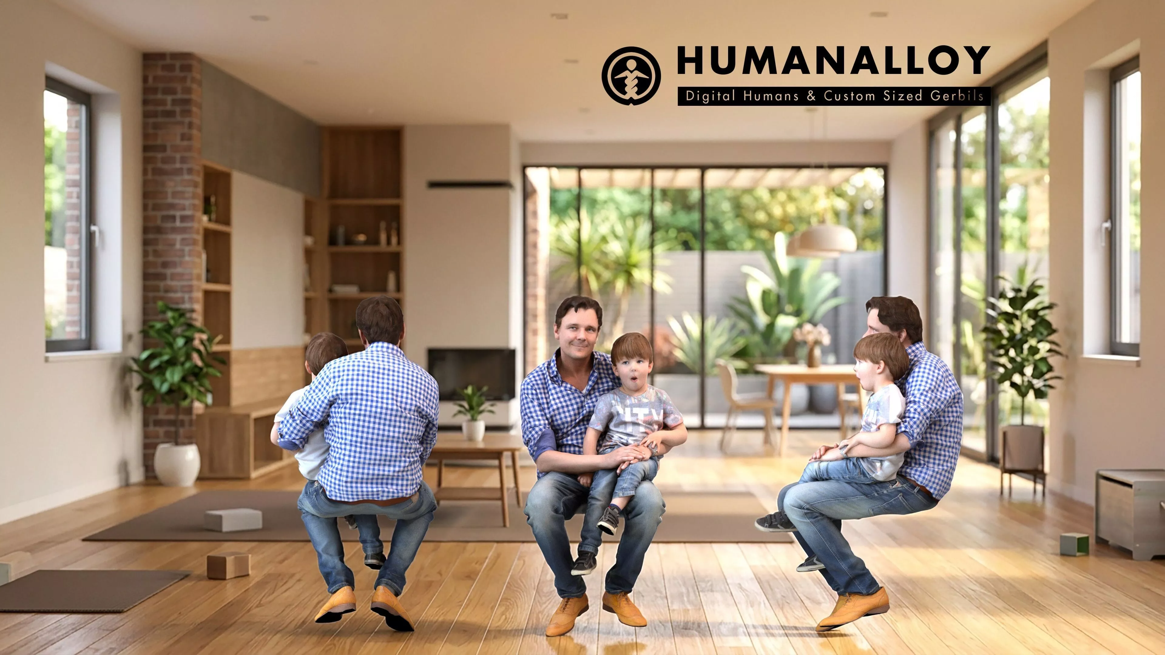 Adult Caucasian man sitting casually with child in transitional 3D model