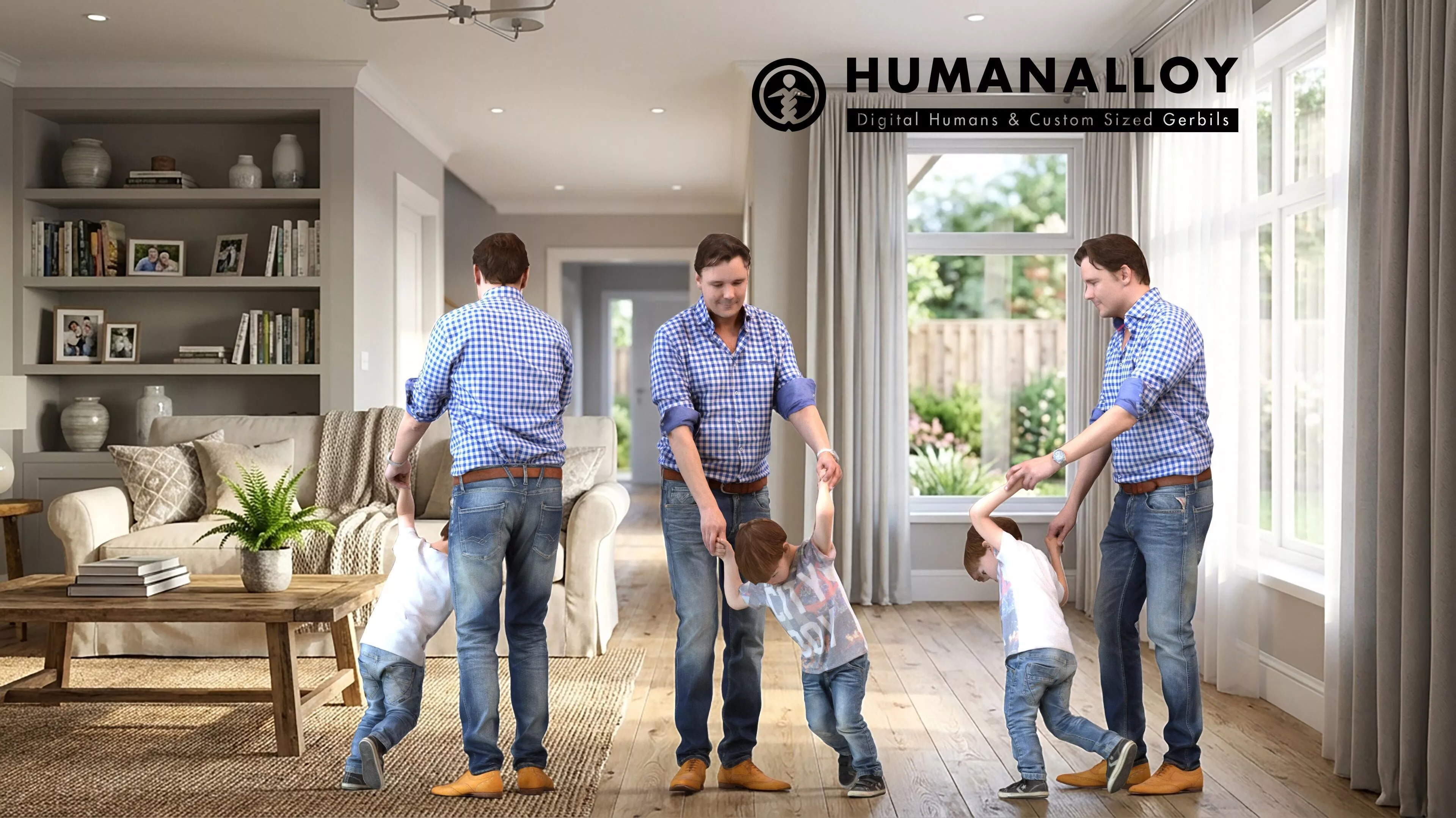 Adult Caucasian man bonding with son in casual transitional 3D model