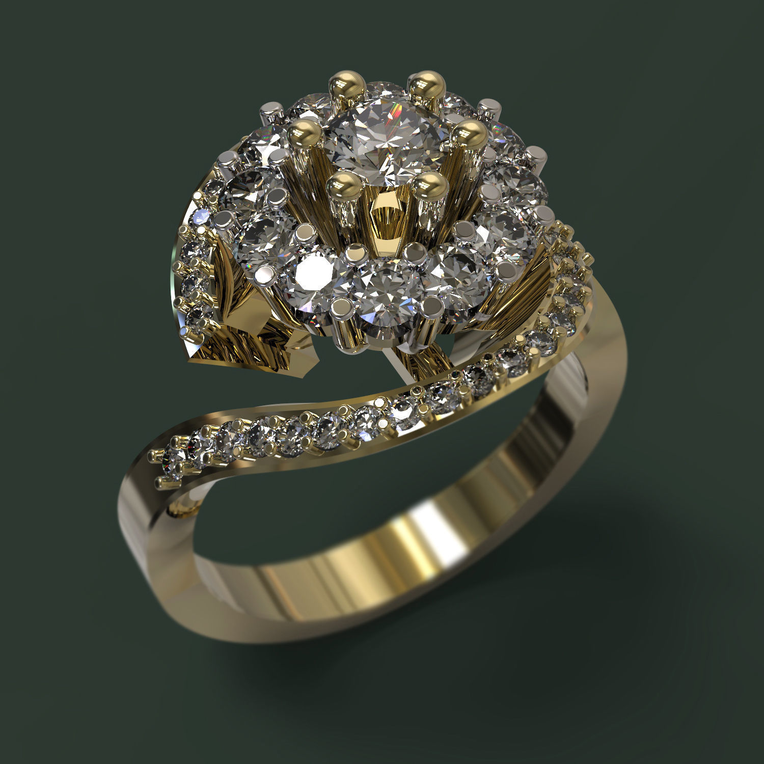 Ring gold with diamonds in center 3D print model_3