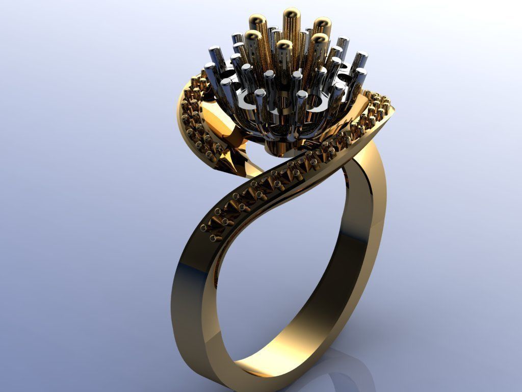 Ring gold with diamonds in center 3D print model_5