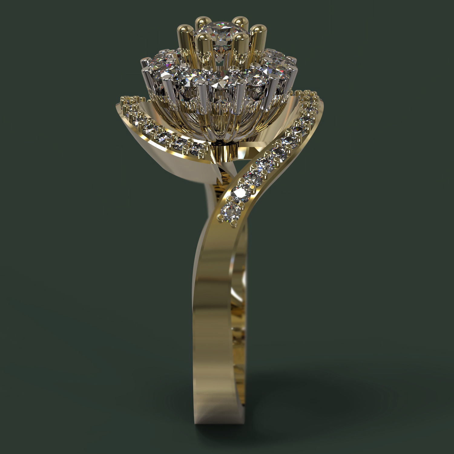 Ring gold with diamonds in center 3D print model_4