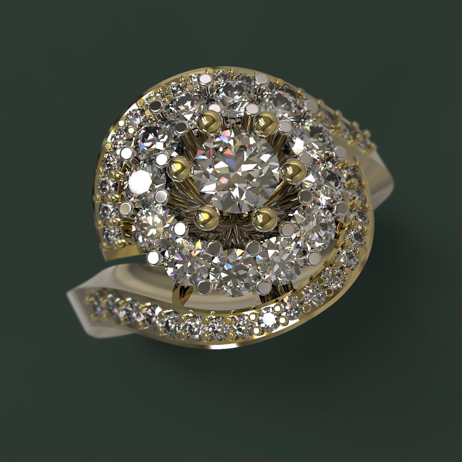 Ring gold with diamonds in center 3D print model_1