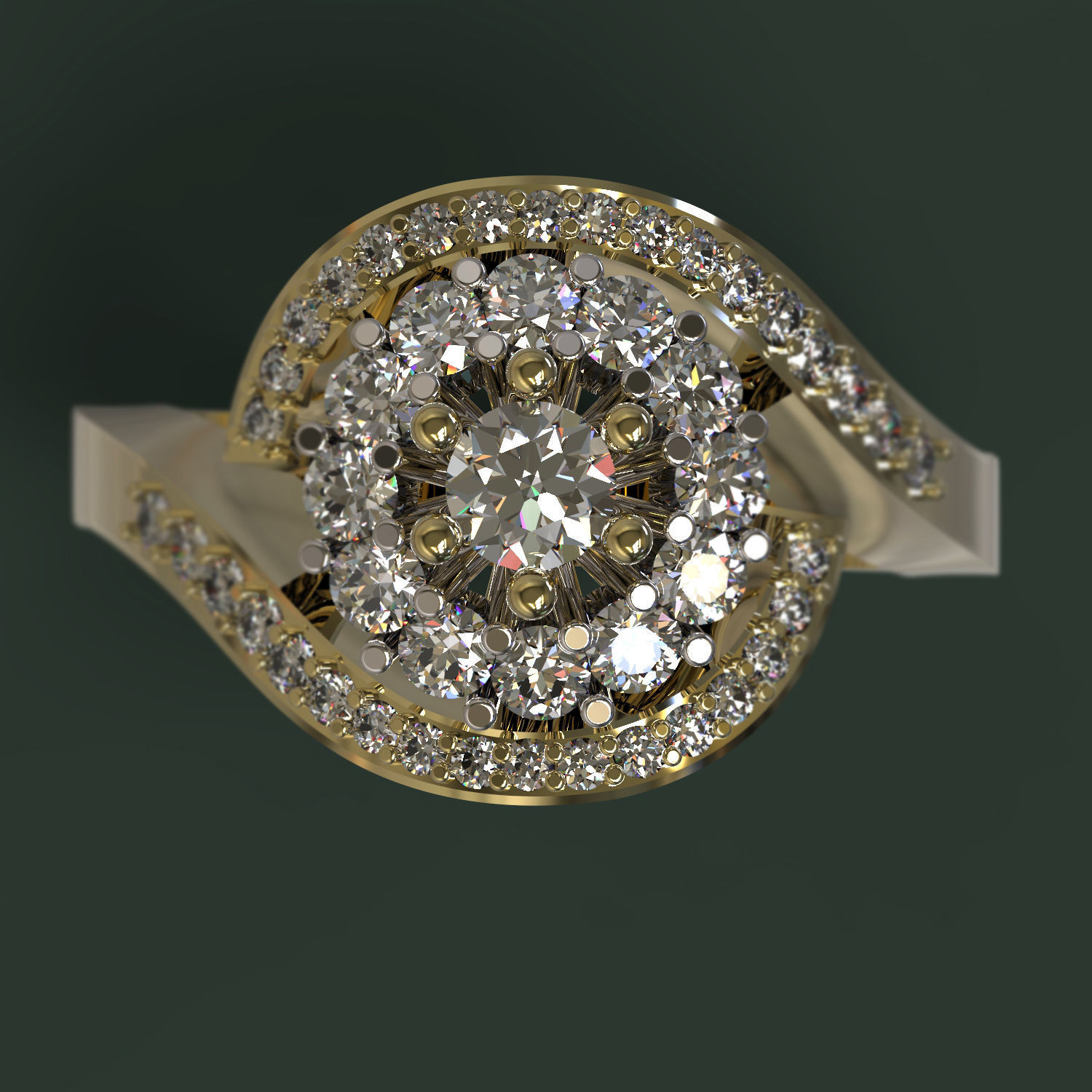 Ring gold with diamonds in center 3D print model_2
