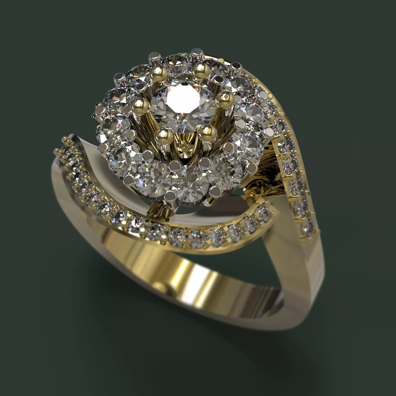 Ring gold with diamonds in center 3D print model_0