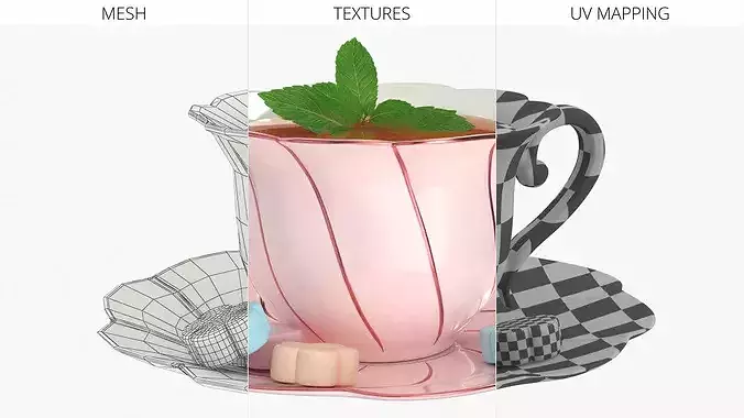 Mint Tea in Pink Porcelain Cup with Marshmallows 3D model 7