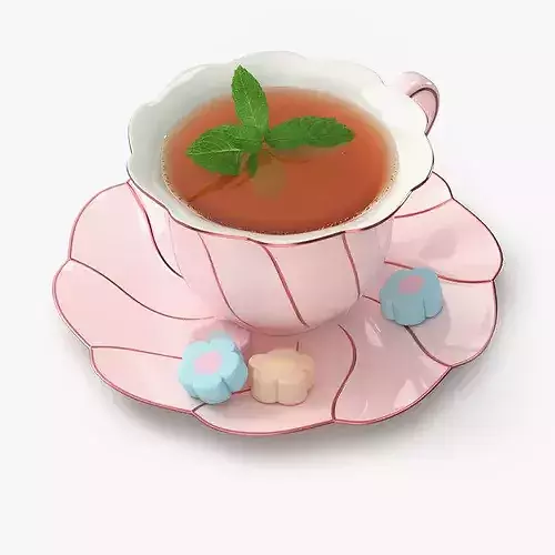 Mint Tea in Pink Porcelain Cup with Marshmallows 3D model 4