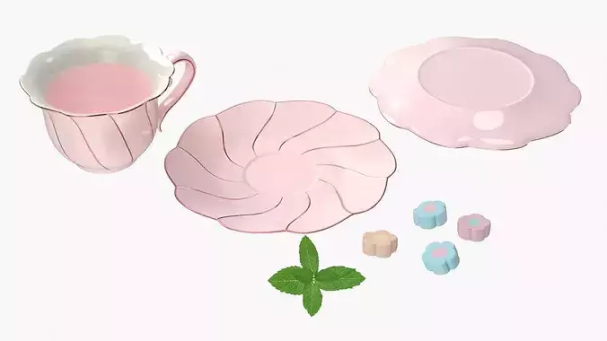 Mint Tea in Pink Porcelain Cup with Marshmallows 3D model 6