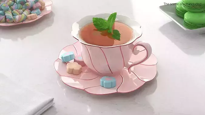 Mint Tea in Pink Porcelain Cup with Marshmallows 3D model 2