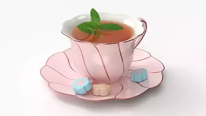 Mint Tea in Pink Porcelain Cup with Marshmallows 3D model