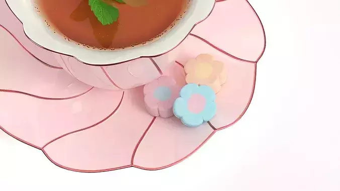 Mint Tea in Pink Porcelain Cup with Marshmallows 3D model 5