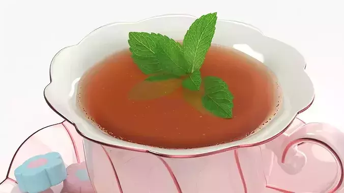 Mint Tea in Pink Porcelain Cup with Marshmallows 3D model 3