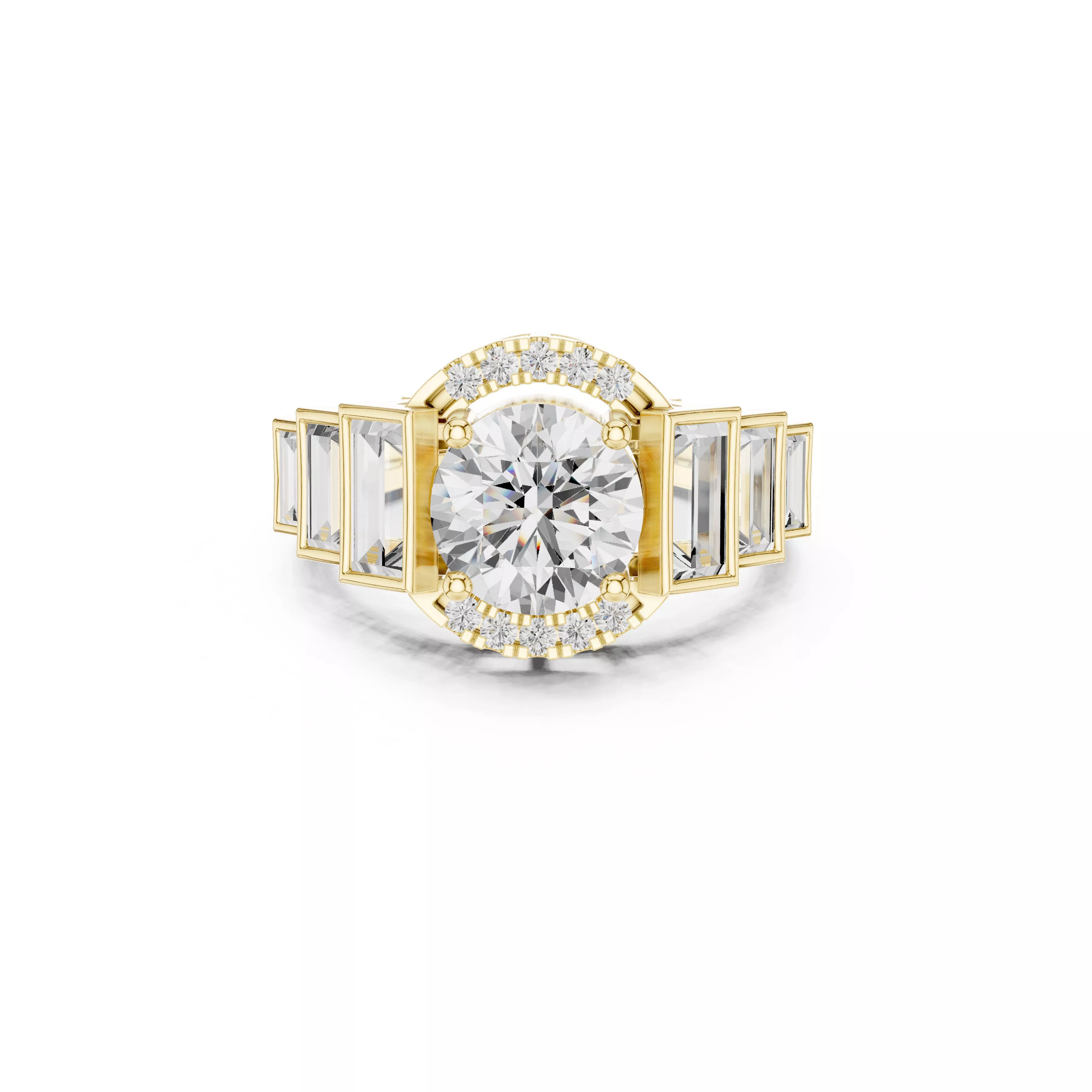 Diamond Halo Ring Art Deco Baguette Engagement Ring CAD 3D print model