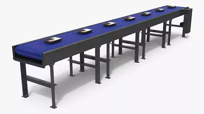 Straight Food Conveyor with Meat Packages on Belt 3D model 2