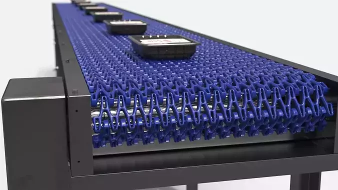 Straight Food Conveyor with Meat Packages on Belt 3D model