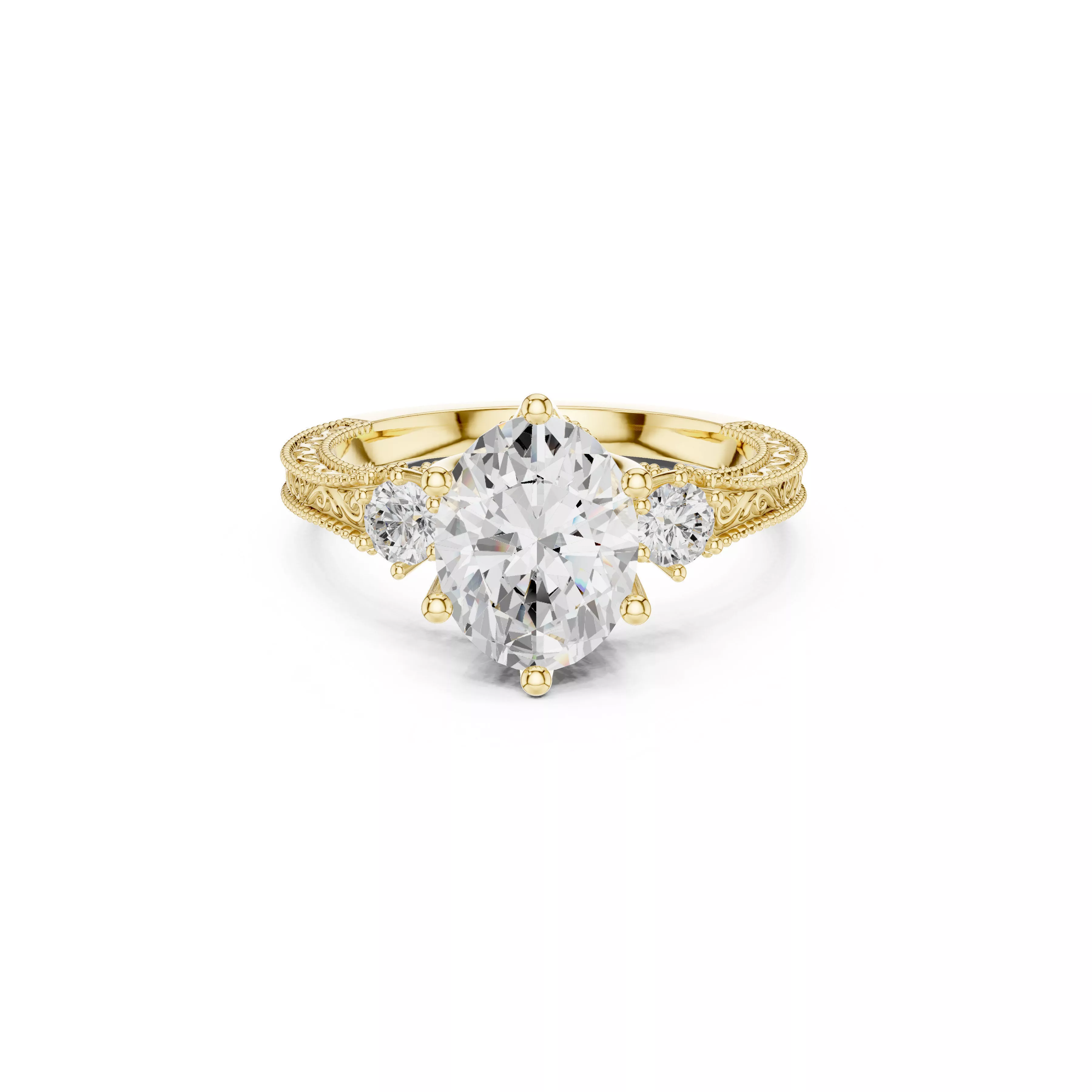 Oval Three Stone Vintage Milgrain Filigree Diamond Ring CAD 3D print model