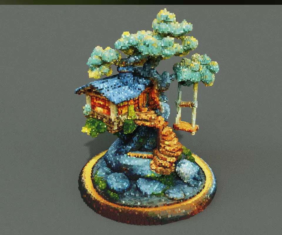 Floating Voxel Treehouse Diorama with Wooden Swing 3D model