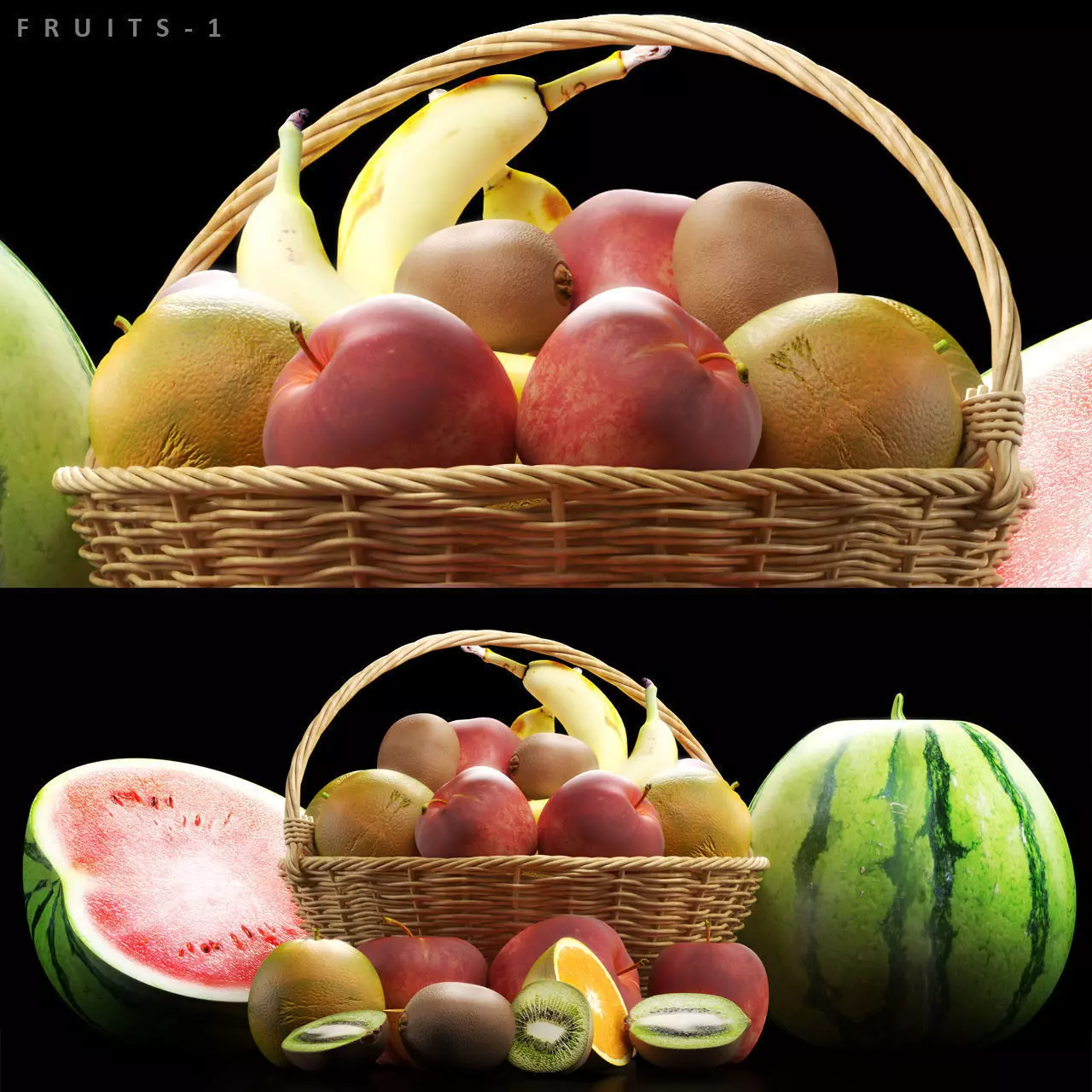 Fruits set 1 fruit in basket 3D model_0