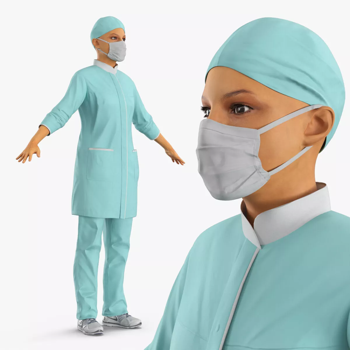 Female Doctor Character Lab Coat T Pose Turquoise Fur 3D model