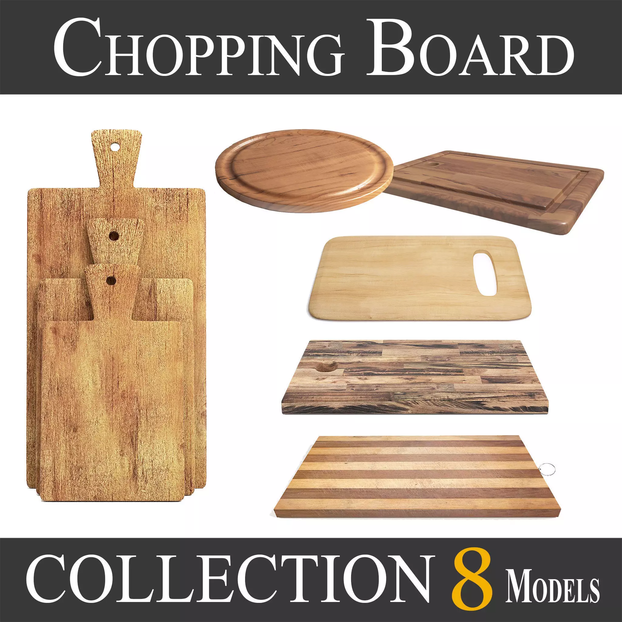 Wooden Cutting Board Collection - Set of 8 Different Models 3D model
