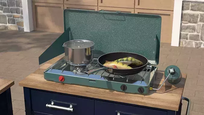 Portable Gas Stove with Yellow Perch in Frying Pan 3D model 3