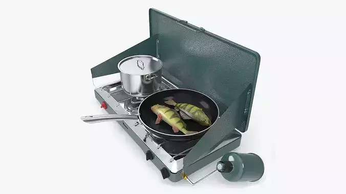Portable Gas Stove with Yellow Perch in Frying Pan 3D model 2