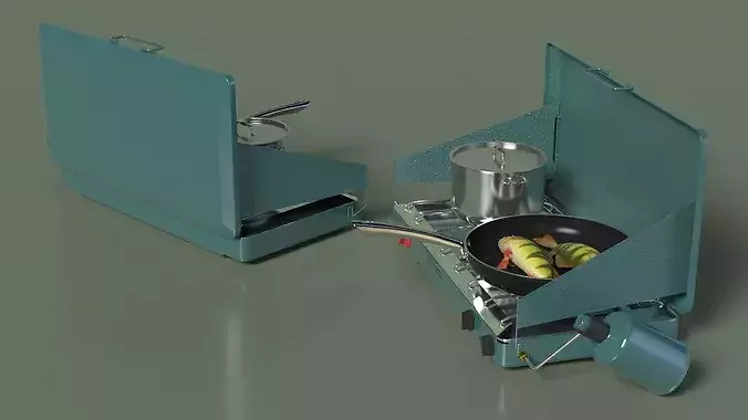 Portable Gas Stove with Yellow Perch in Frying Pan 3D model 6