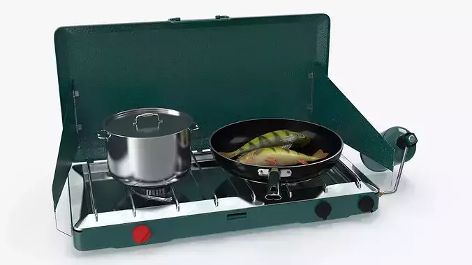 Portable Gas Stove with Yellow Perch in Frying Pan 3D model 7