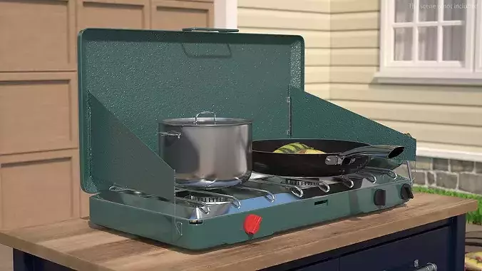 Portable Gas Stove with Yellow Perch in Frying Pan 3D model 4