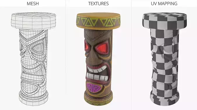Angry Tiki Bar Stool with Red Eyes Multicolor 3D model 7