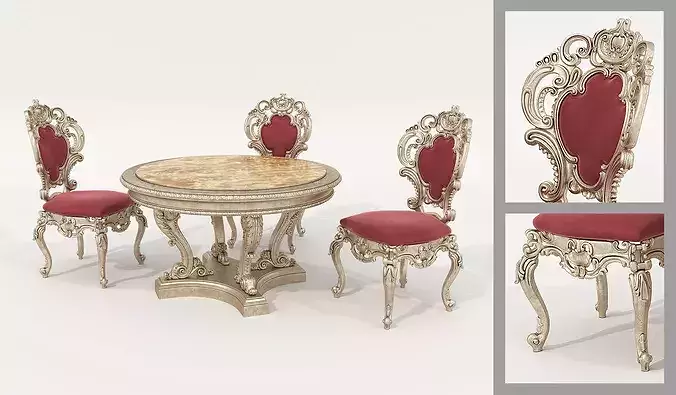 Classical Carved Dining Table and Chairs 3D model