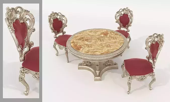 Classical Carved Dining Table and Chairs 3D model 2