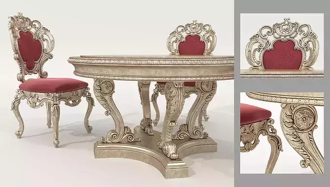 Classical Carved Dining Table and Chairs 3D model 3