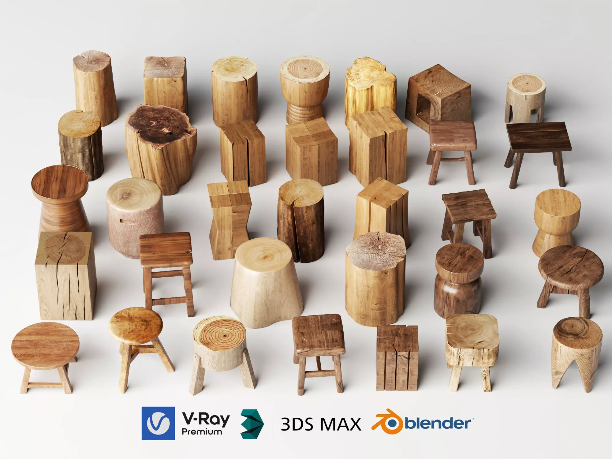 Rustic Wooden Tree Stump Stools Collection Low-poly 3D model